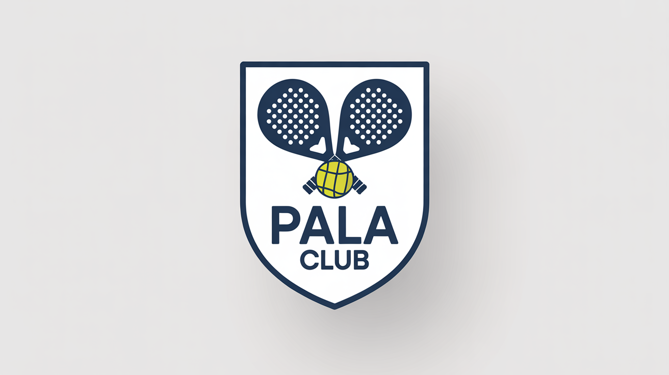 A modern navy blue and yellow vector logo for 'Pala Club', featuring a shield emblem with crossed padel racquets and a ball. The logo is on a white background.