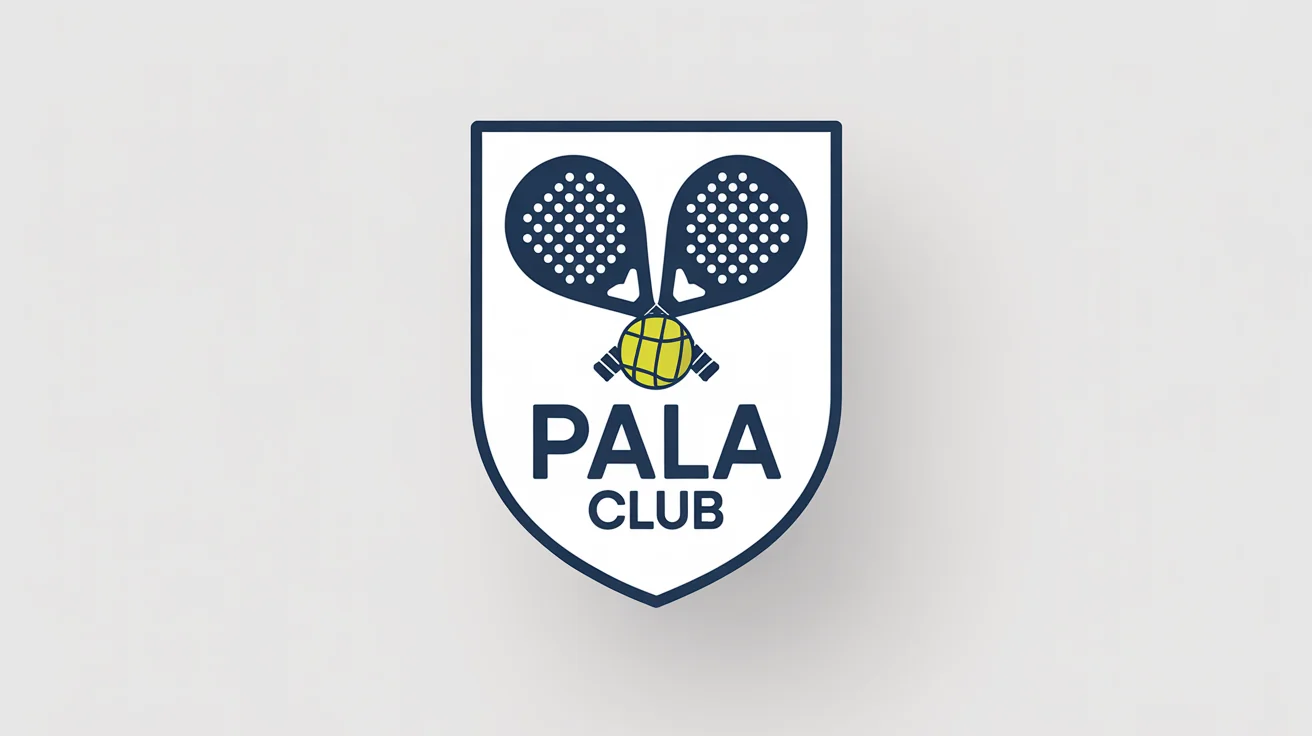 A modern navy blue and yellow vector logo for 'Pala Club', featuring a shield emblem with crossed padel racquets and a ball. The logo is on a white background.