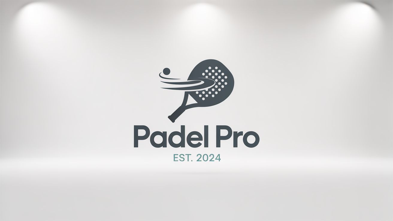 A professional mockup of a modern padel logo for a fictional brand called 'Padel Pro', featuring a stylized padel racket and ball in teal and orange, set against a clean white background.