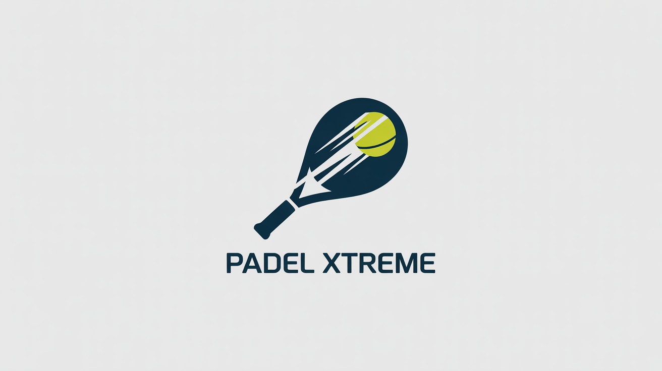 A modern logo for a padel brand named 'Padel Xtreme', featuring a stylized blue and green padel racket and a yellow ball on a white background.