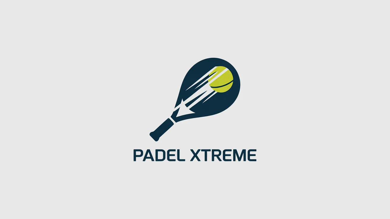 A modern logo for a padel brand named 'Padel Xtreme', featuring a stylized blue and green padel racket and a yellow ball on a white background.
