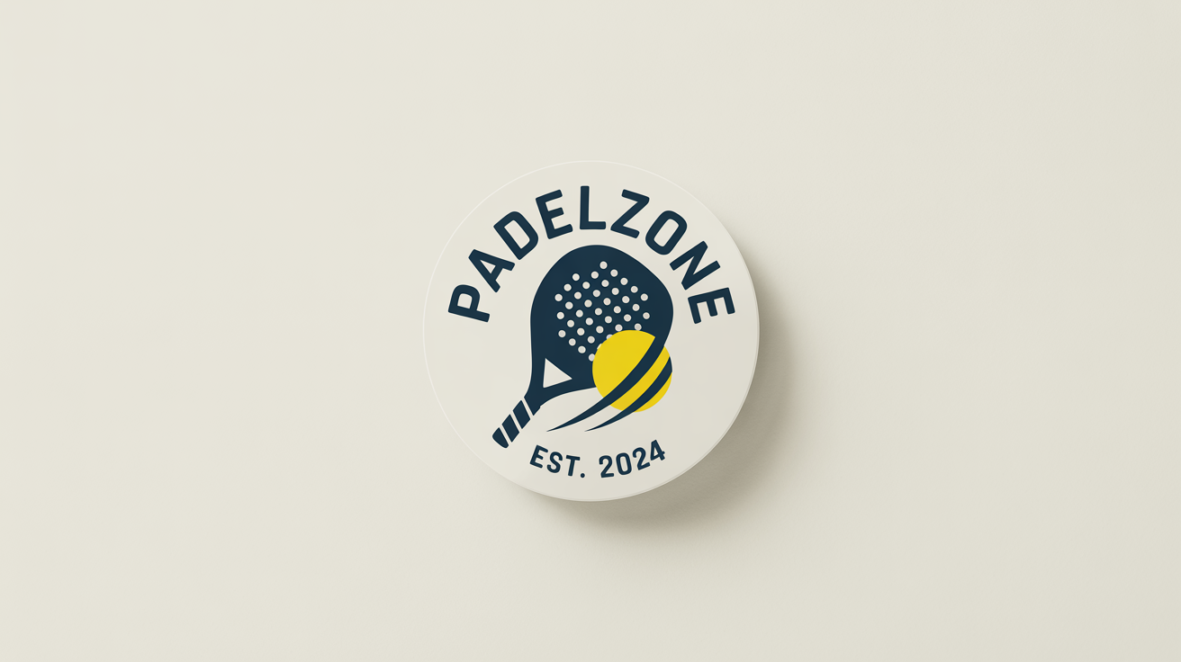 A modern, circular logo for a fictional padel club named 'PadelZone', displayed on a white background. The logo features a navy blue and yellow design of a padel racket and ball.