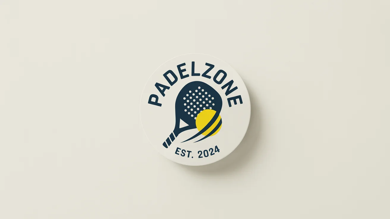 A modern, circular logo for a fictional padel club named 'PadelZone', displayed on a white background. The logo features a navy blue and yellow design of a padel racket and ball.