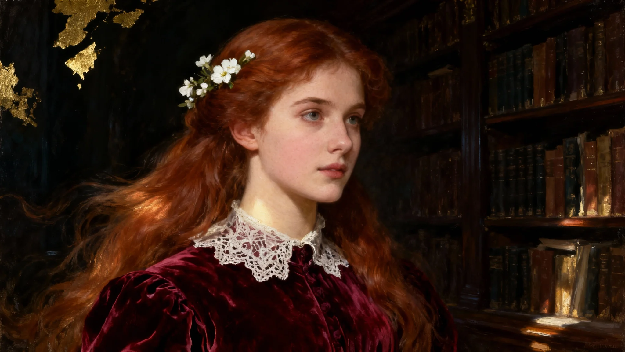A stunning, eye-catching painting in the Victorian art style, featuring a beautiful woman in a crimson dress set against a dark, opulent background. The final result is highly detailed and professional.