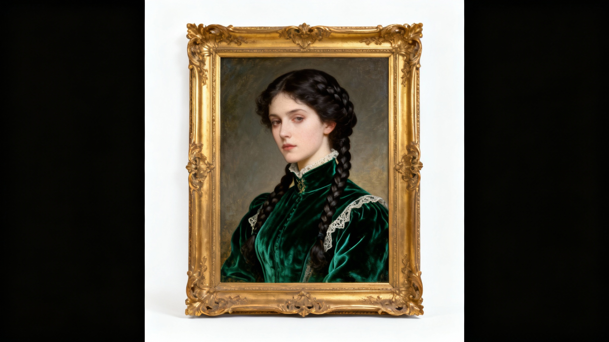 An ornate, gold-framed Victorian oil painting of a woman in an elegant green dress, presented as a mockup against a clean white background.