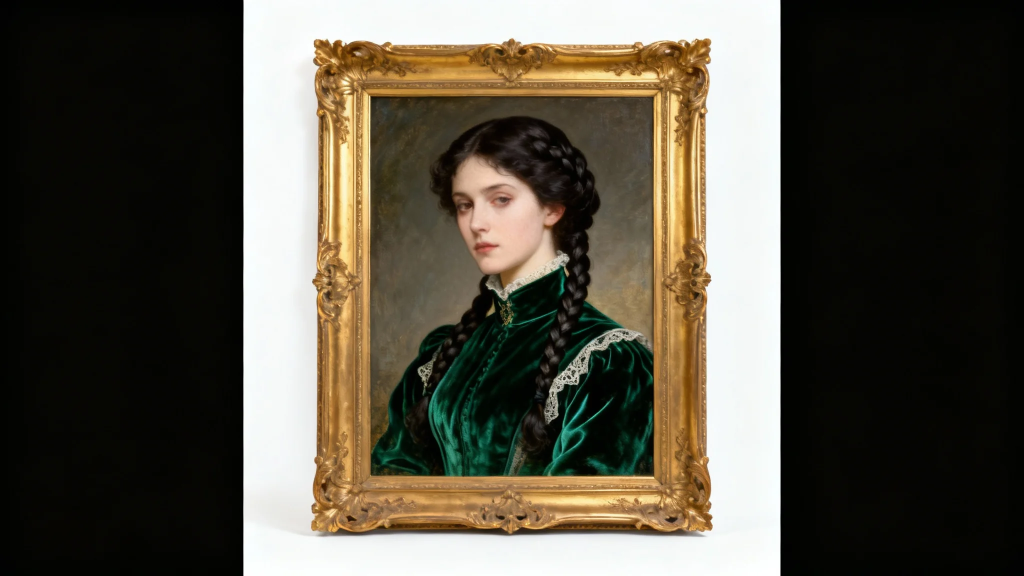 An ornate, gold-framed Victorian oil painting of a woman in an elegant green dress, presented as a mockup against a clean white background.