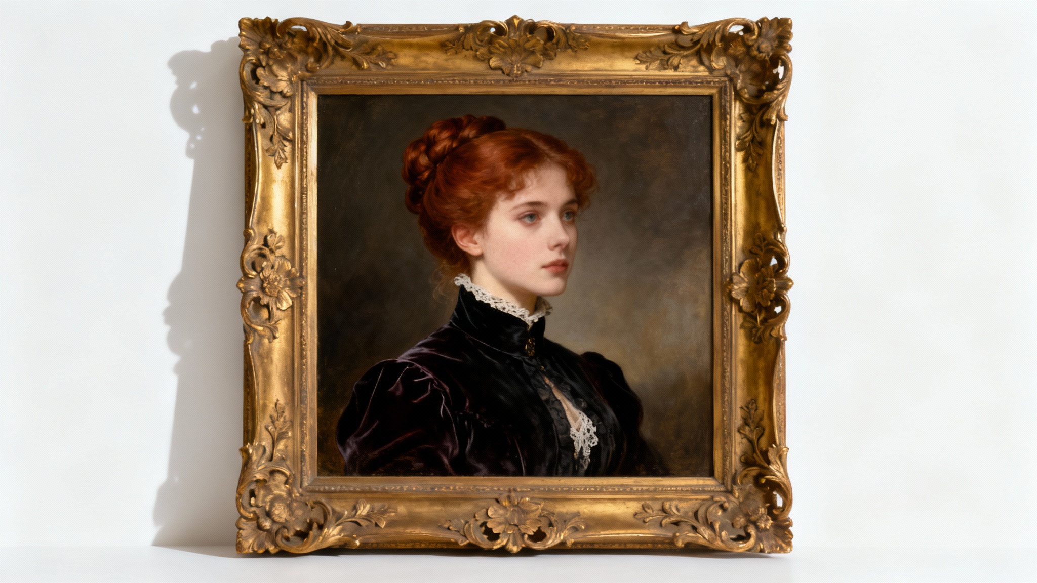 An ornate, gilded frame surrounds a Victorian-style oil portrait of an elegant woman in a dark velvet dress, set against a plain white background.