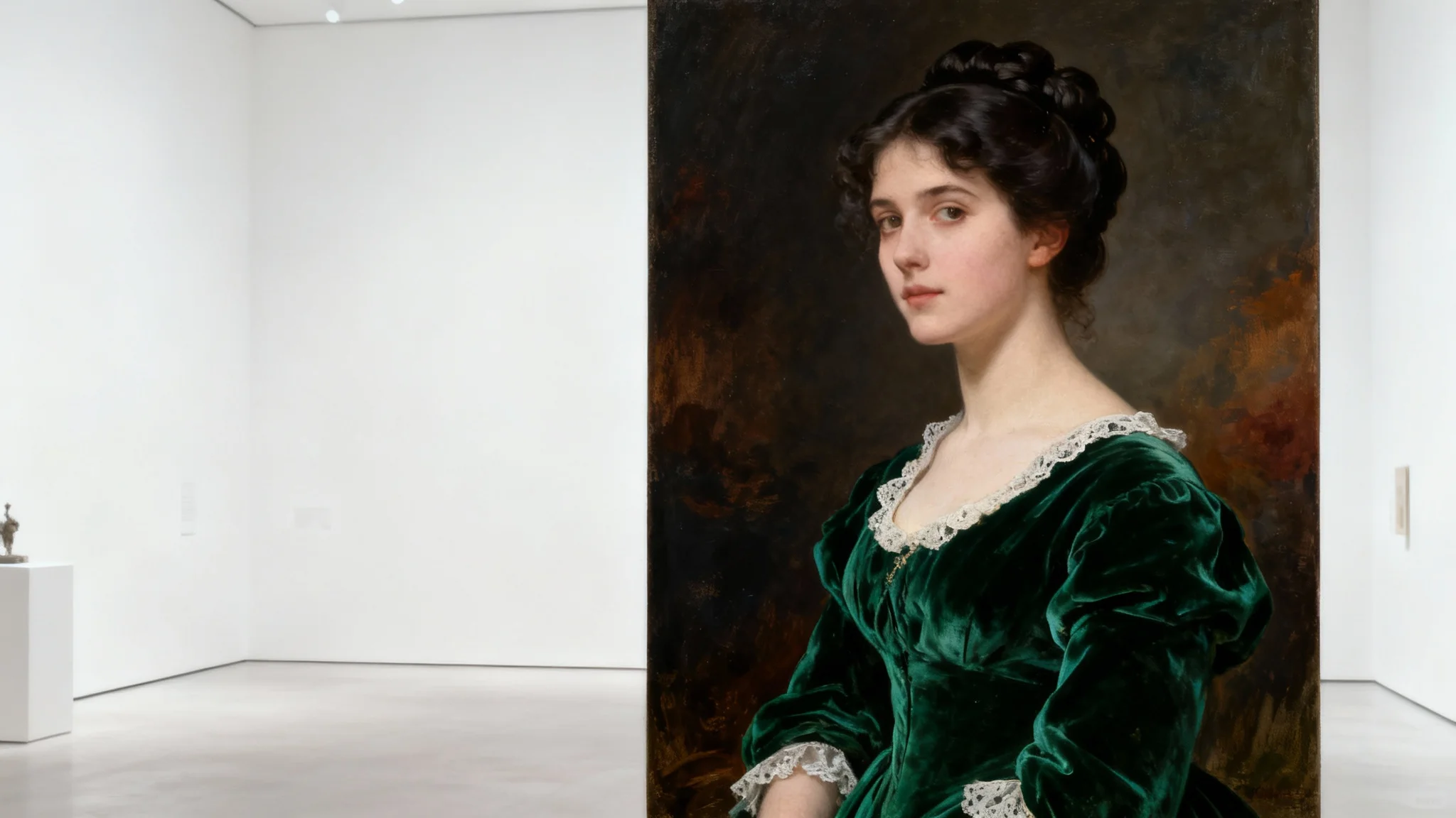 An elegant Victorian-style oil portrait of a woman in a green velvet dress with a lace collar, set against a dark, moody background, presented on a white background.