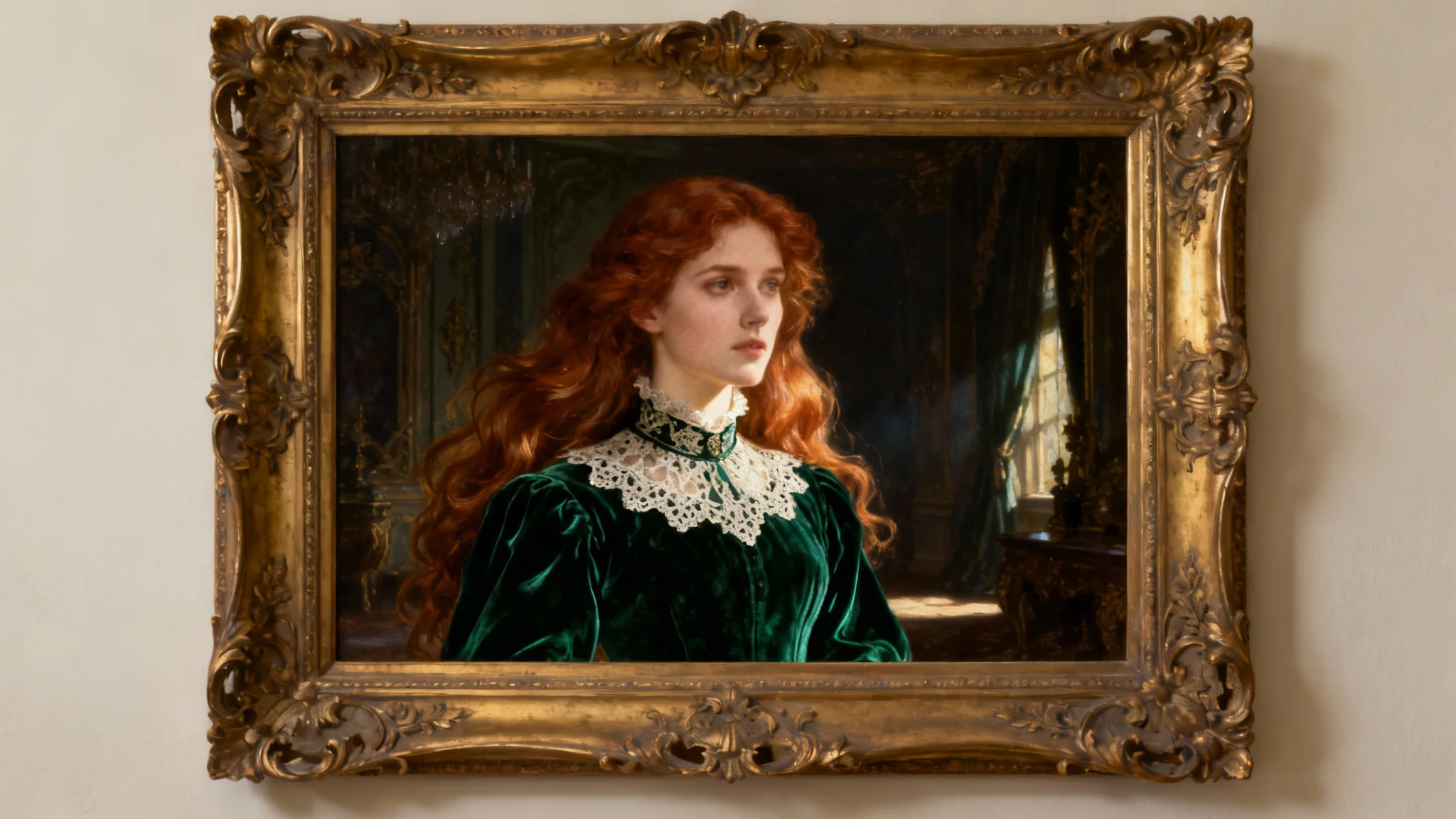An ornate, gilded frame holding a Victorian-style oil painting of a woman with auburn hair in a green velvet dress, mounted on a plain white wall.