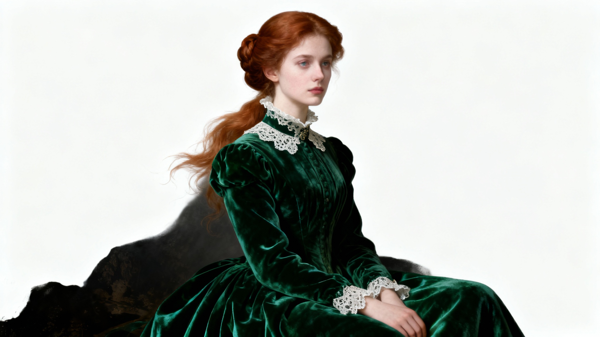 A detailed Victorian-style portrait of a woman in an elegant green velvet dress, with a pensive expression, presented as a mockup on a plain white background.