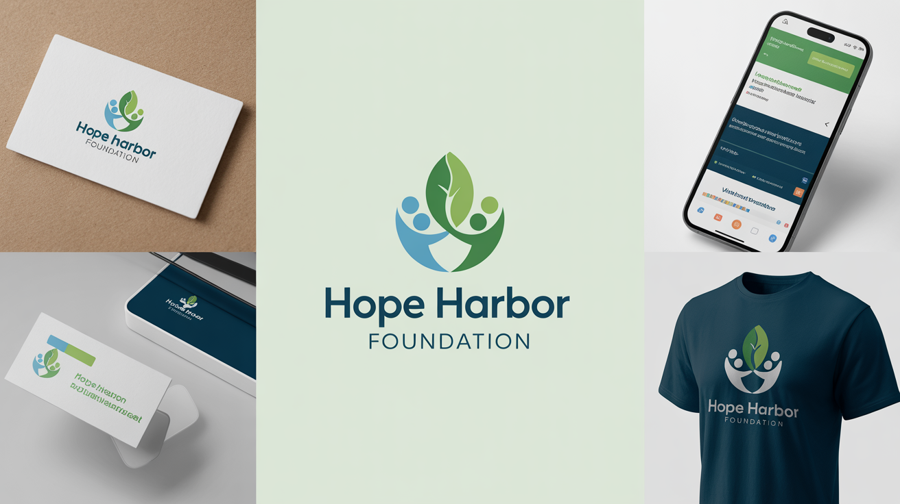 A professional branding showcase for an NGO named 'Hope Harbor Foundation', featuring its modern logo on a t-shirt, business card, and website mockup.