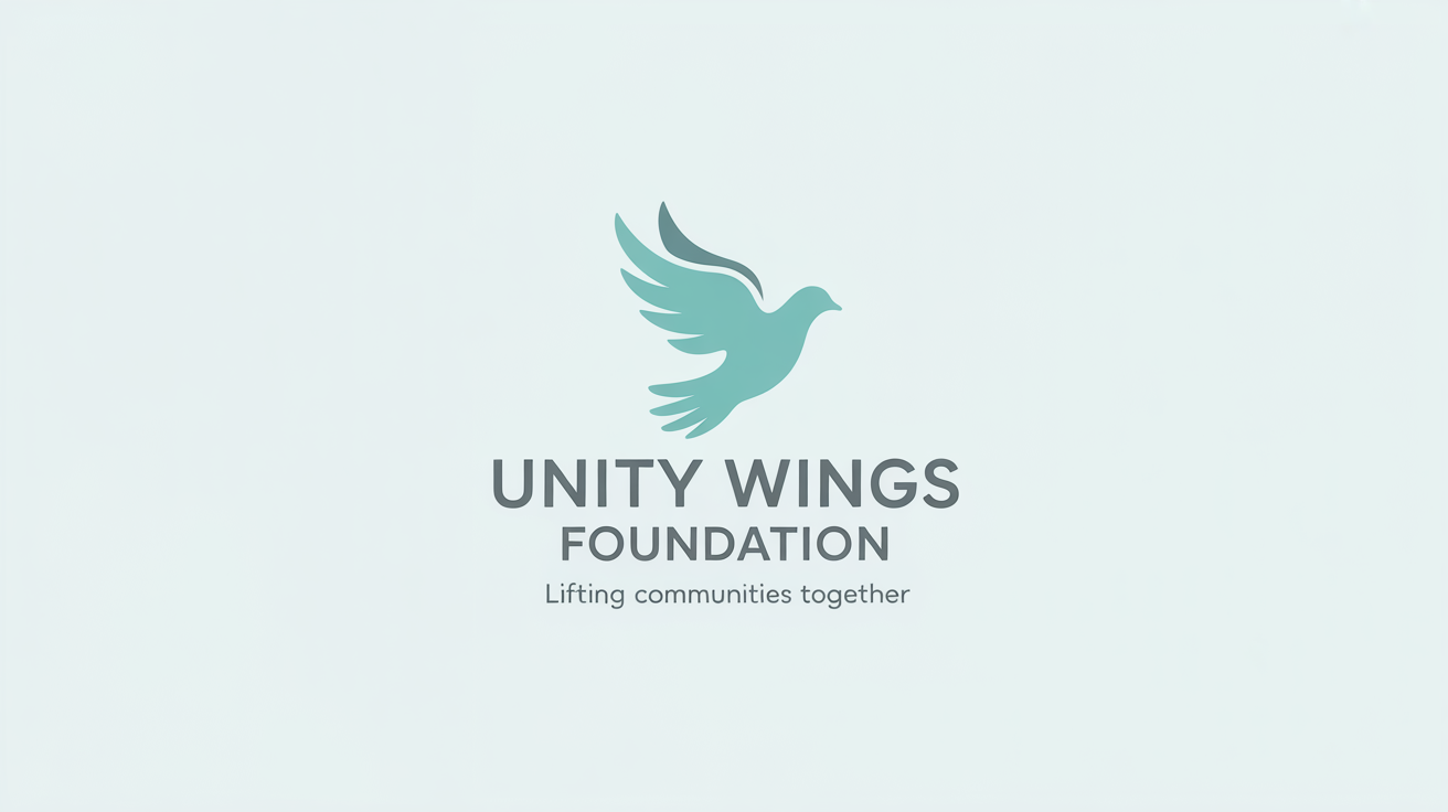 A professional logo mockup for a fictional NGO named 'Unity Wings Foundation'. The logo features a stylized dove with wings shaped like a hand, symbolizing peace and support, set against a white background.