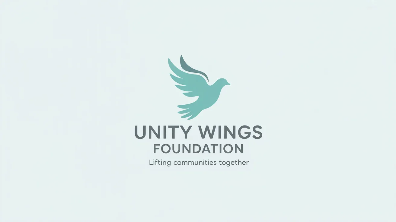 A professional logo mockup for a fictional NGO named 'Unity Wings Foundation'. The logo features a stylized dove with wings shaped like a hand, symbolizing peace and support, set against a white background.