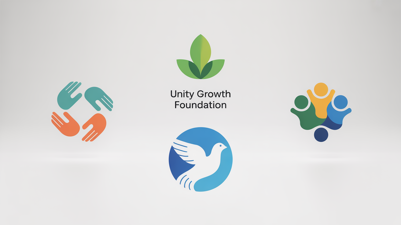 A showcase of four different modern NGO logo designs on a white background, demonstrating concepts of growth, peace, community, and education.