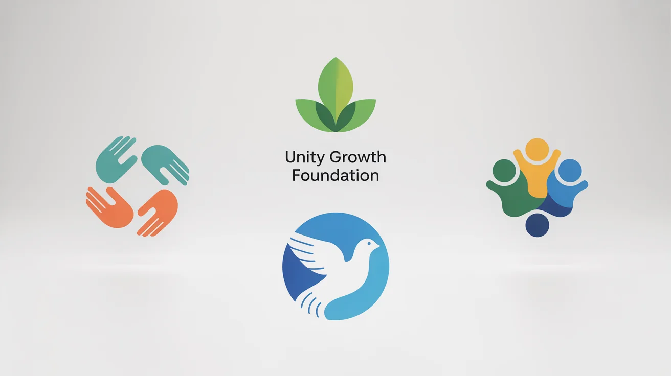 A showcase of four different modern NGO logo designs on a white background, demonstrating concepts of growth, peace, community, and education.