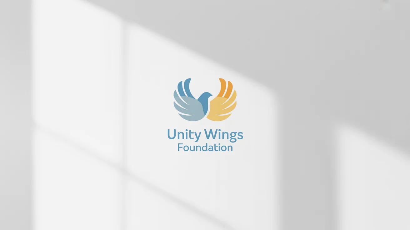 A modern logo for an NGO called 'Unity Wings Foundation', featuring a stylized icon of a dove and hands in blue, grey, and yellow on a clean white background.
