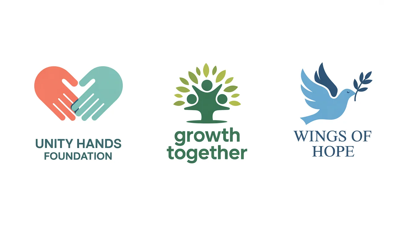 A professional mockup displaying three distinct, modern NGO logos for 'Unity Hands Foundation,' 'Growth Together,' and 'Wings of Hope,' all presented on a clean white background.