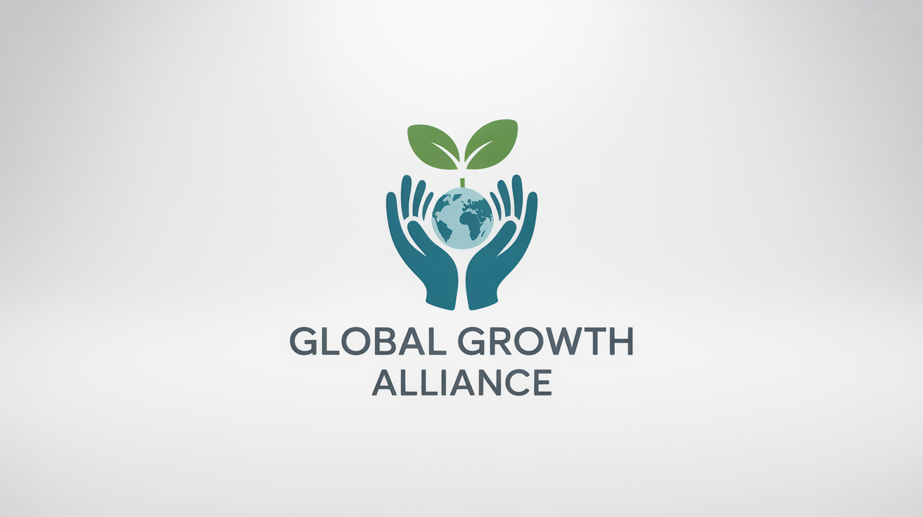 A modern logo for an NGO named 'Global Growth Alliance'. The logo shows two teal-colored hands protecting a green sapling with a small globe at its roots, set against a white background.