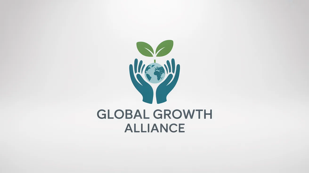 A modern logo for an NGO named 'Global Growth Alliance'. The logo shows two teal-colored hands protecting a green sapling with a small globe at its roots, set against a white background.