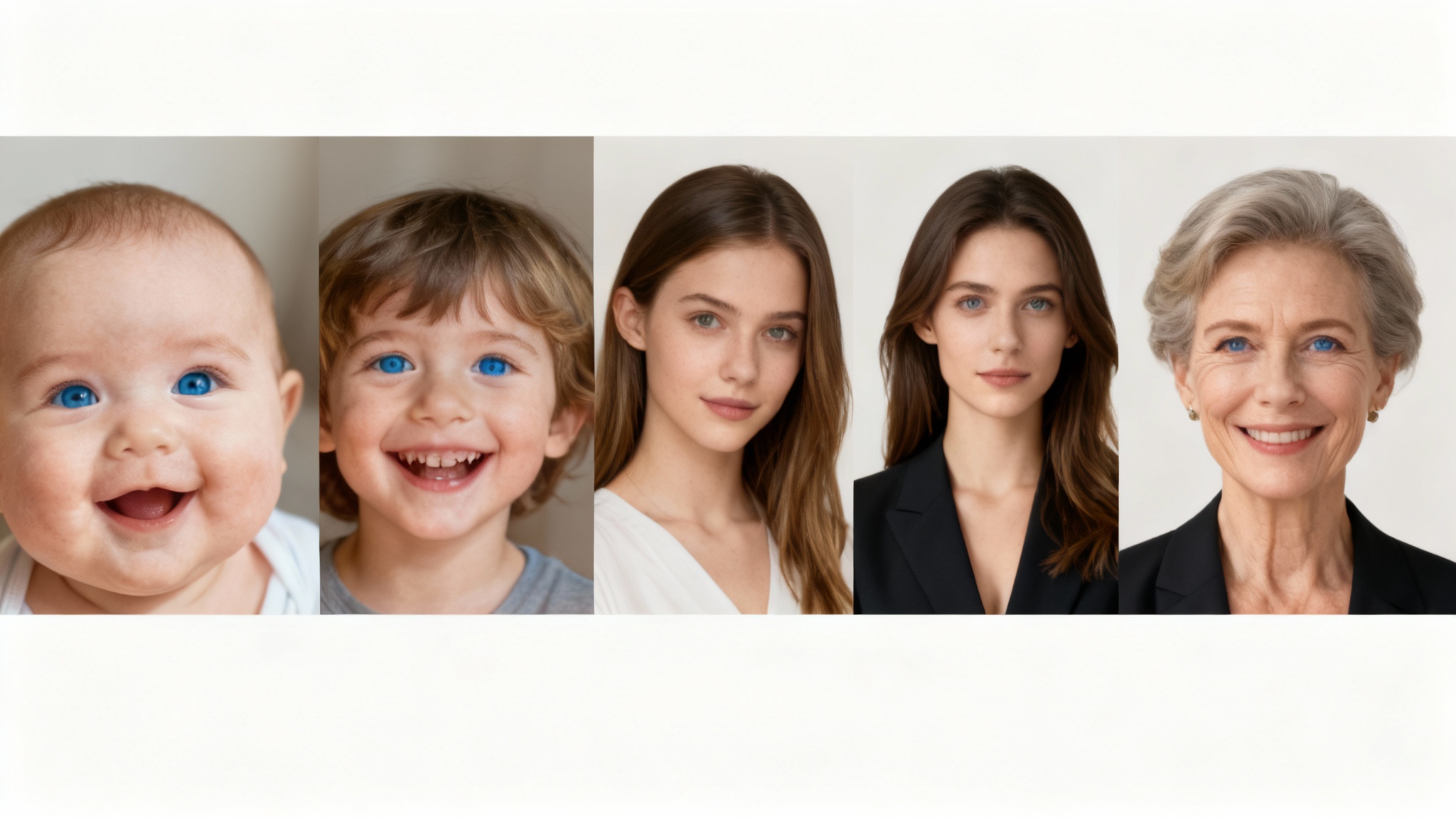 A timeline of five photos showing a woman's aging process, from a baby to a middle-aged adult, arranged horizontally against a clean background.