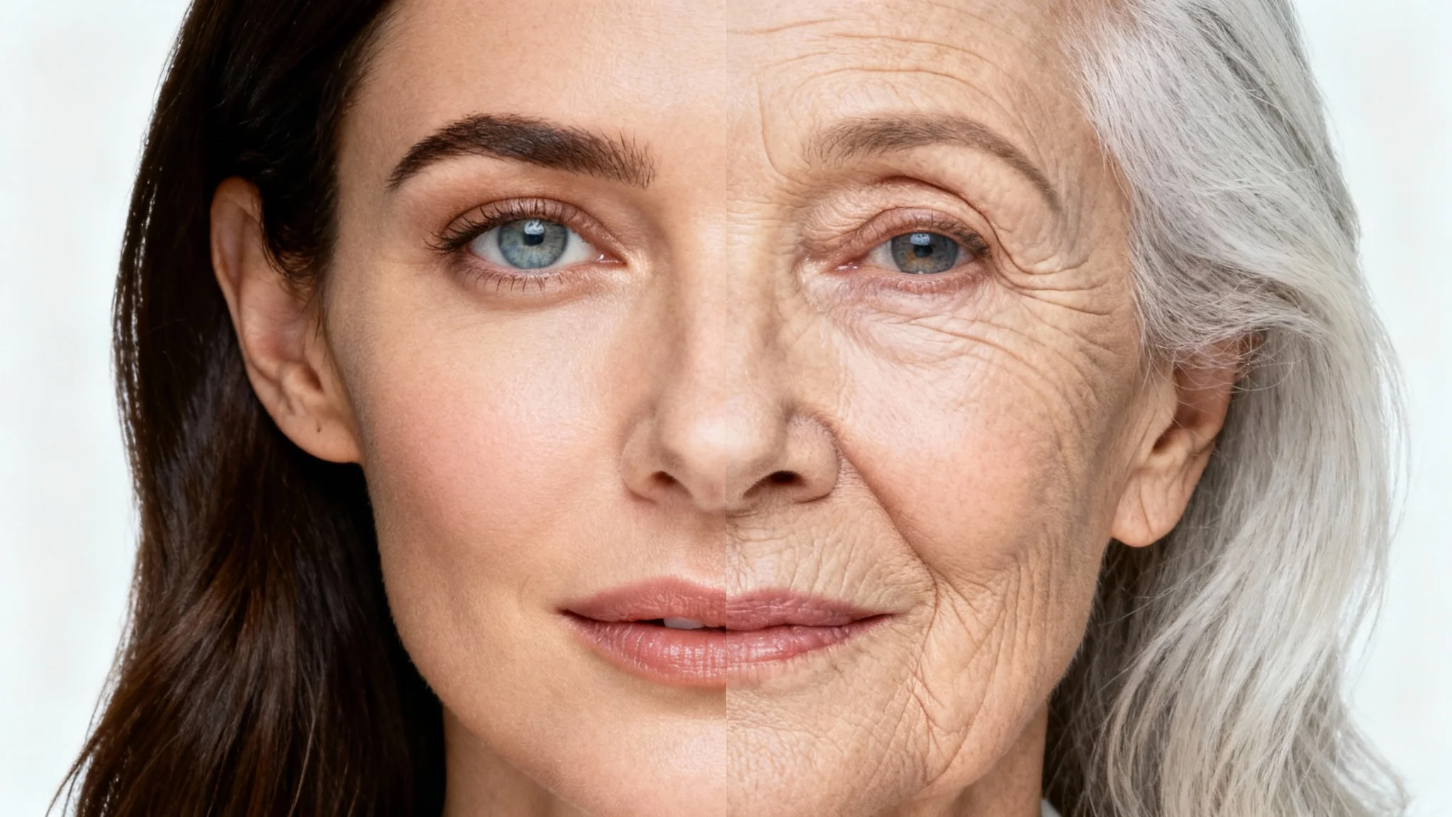 A striking split-image portrait demonstrating age progression. The left half shows a young woman's face, and the right half shows the same woman's face as an elderly person.