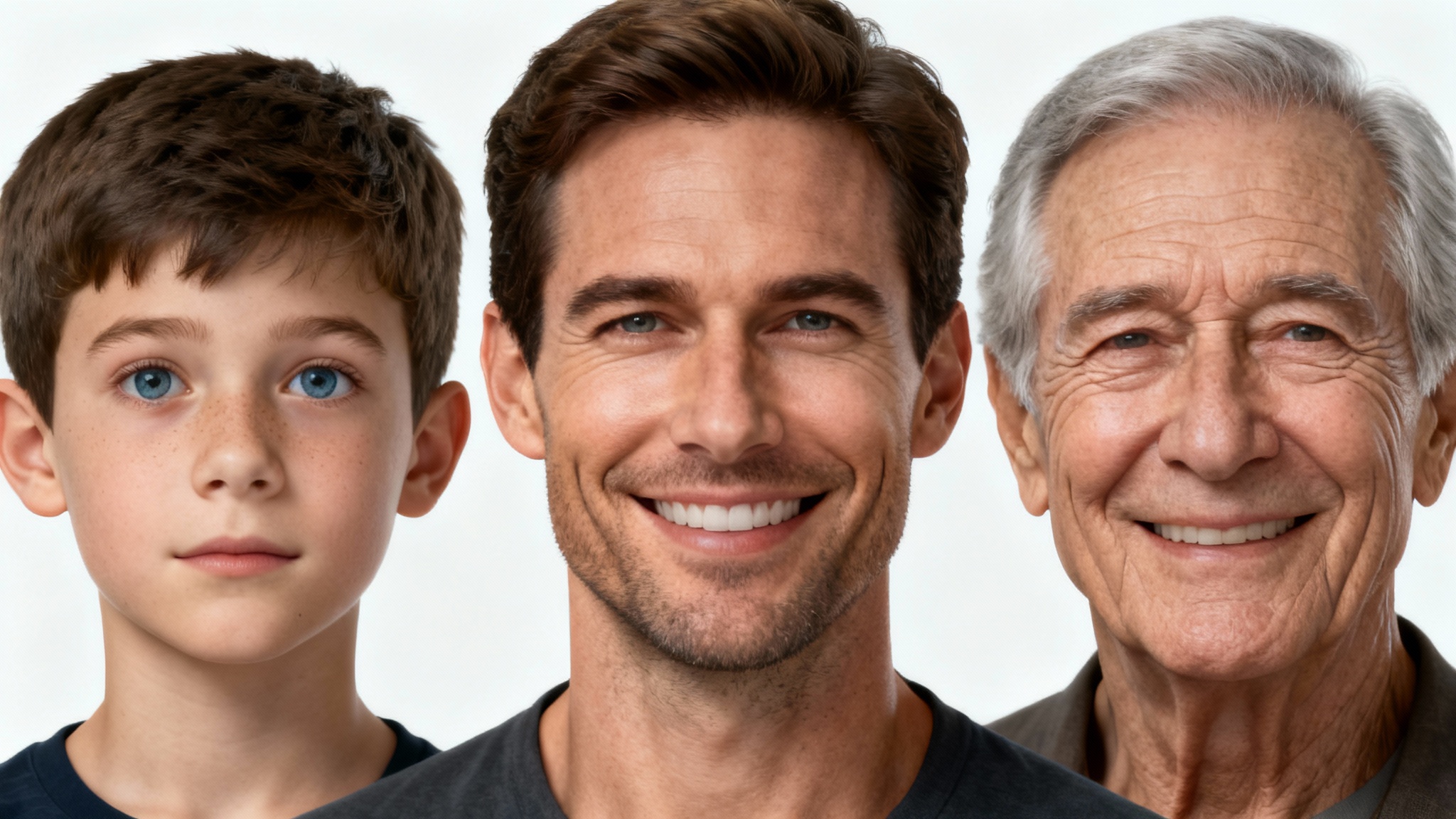 A series of three portraits showing the realistic age progression of a man from a child, to an adult, to a senior, displayed against a white background.