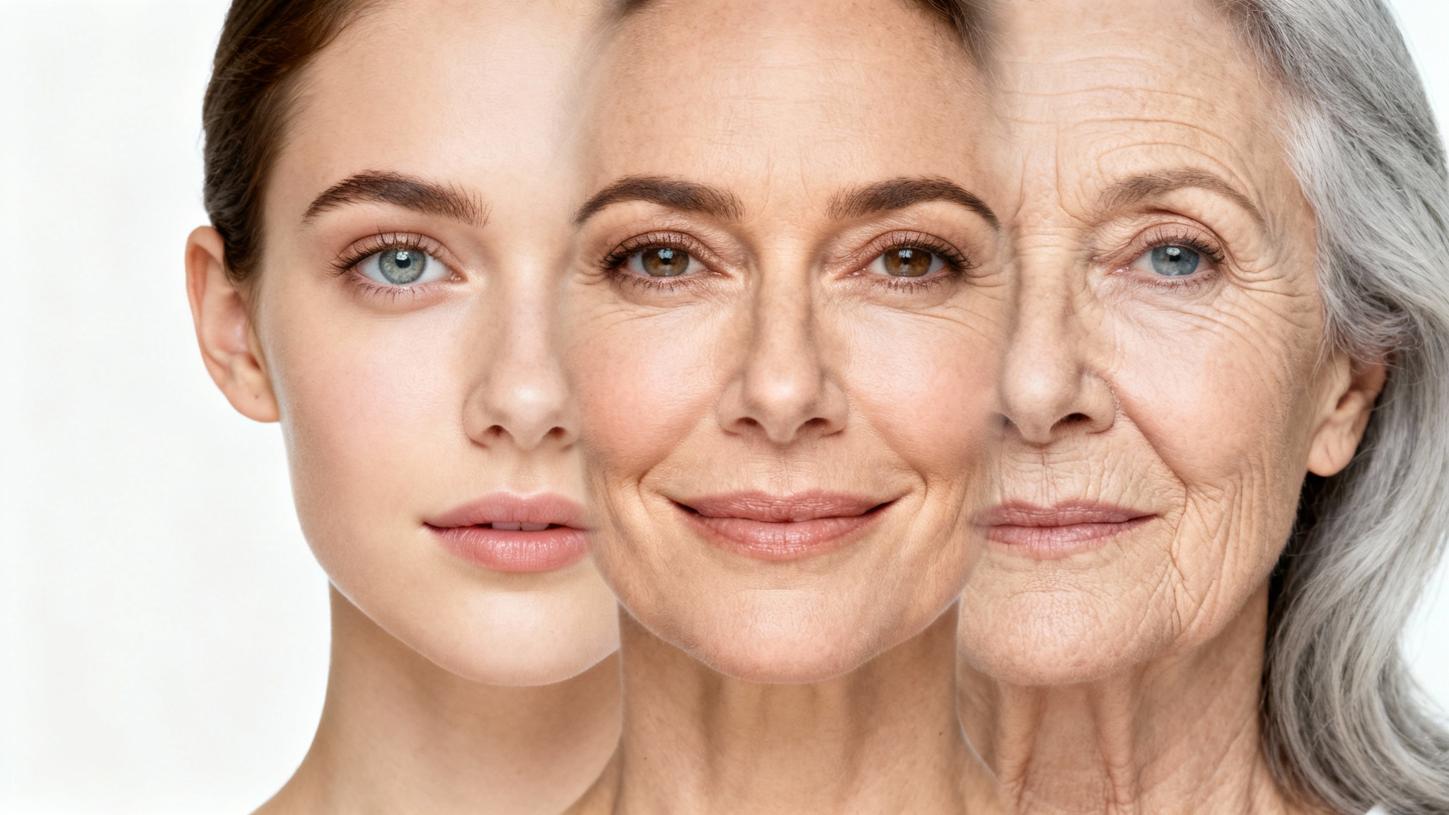 A photorealistic image demonstrating age progression, showing a woman's face transitioning seamlessly from young in her 20s, to middle-aged in her 40s, to elderly in her 70s, against a plain white background.