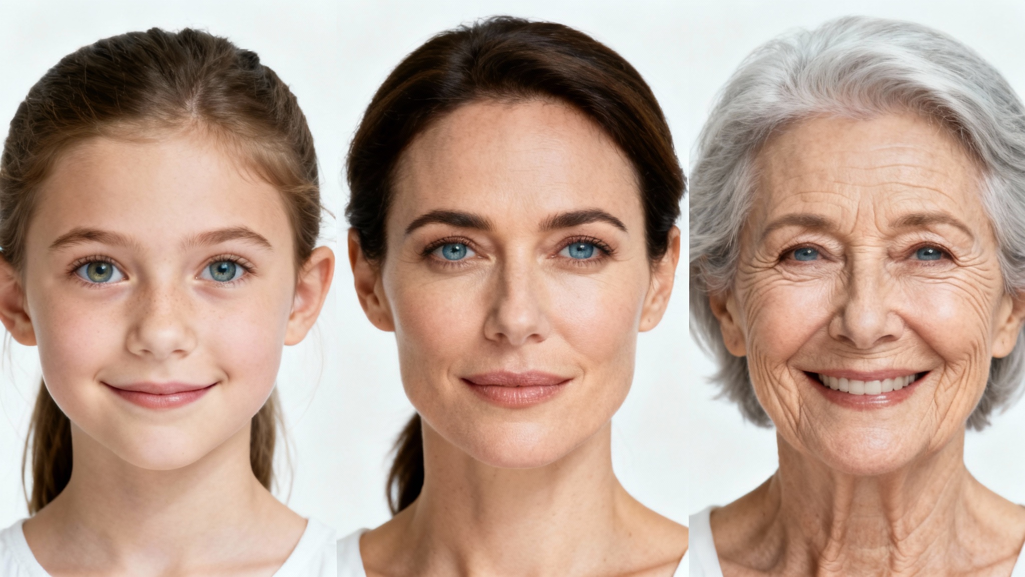 A side-by-side comparison of three portraits showing the age progression of a woman from a child, to an adult, to a senior, against a white background.