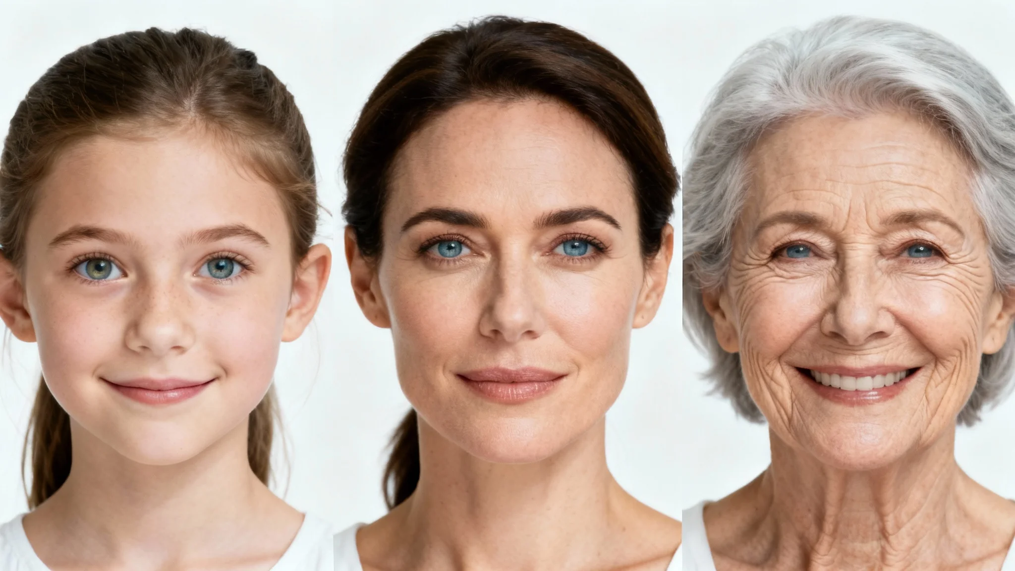 A side-by-side comparison of three portraits showing the age progression of a woman from a child, to an adult, to a senior, against a white background.