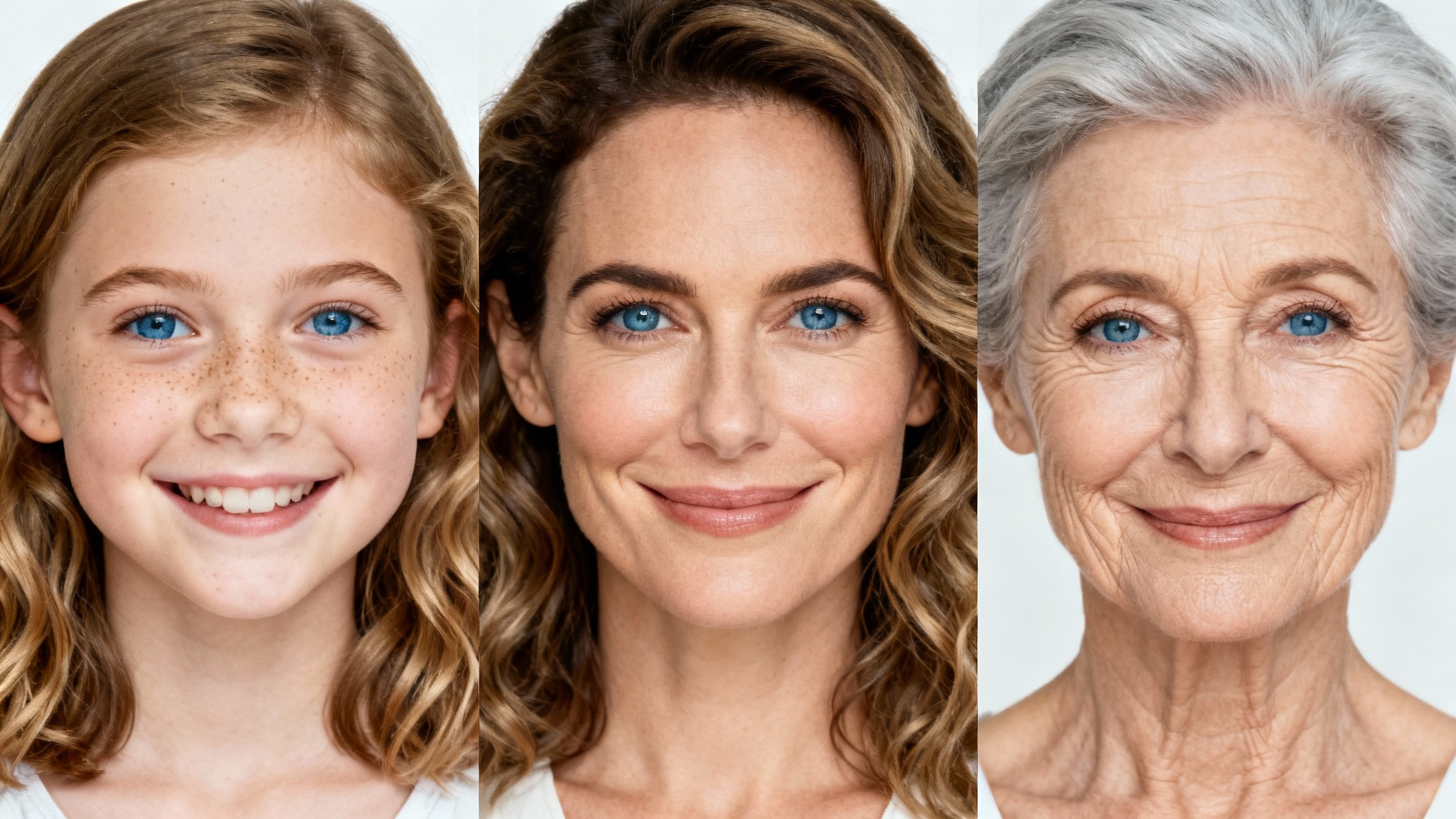 A series of three portraits showing the age progression of a woman from a young girl to a middle-aged adult to an elderly woman, all against a white background.