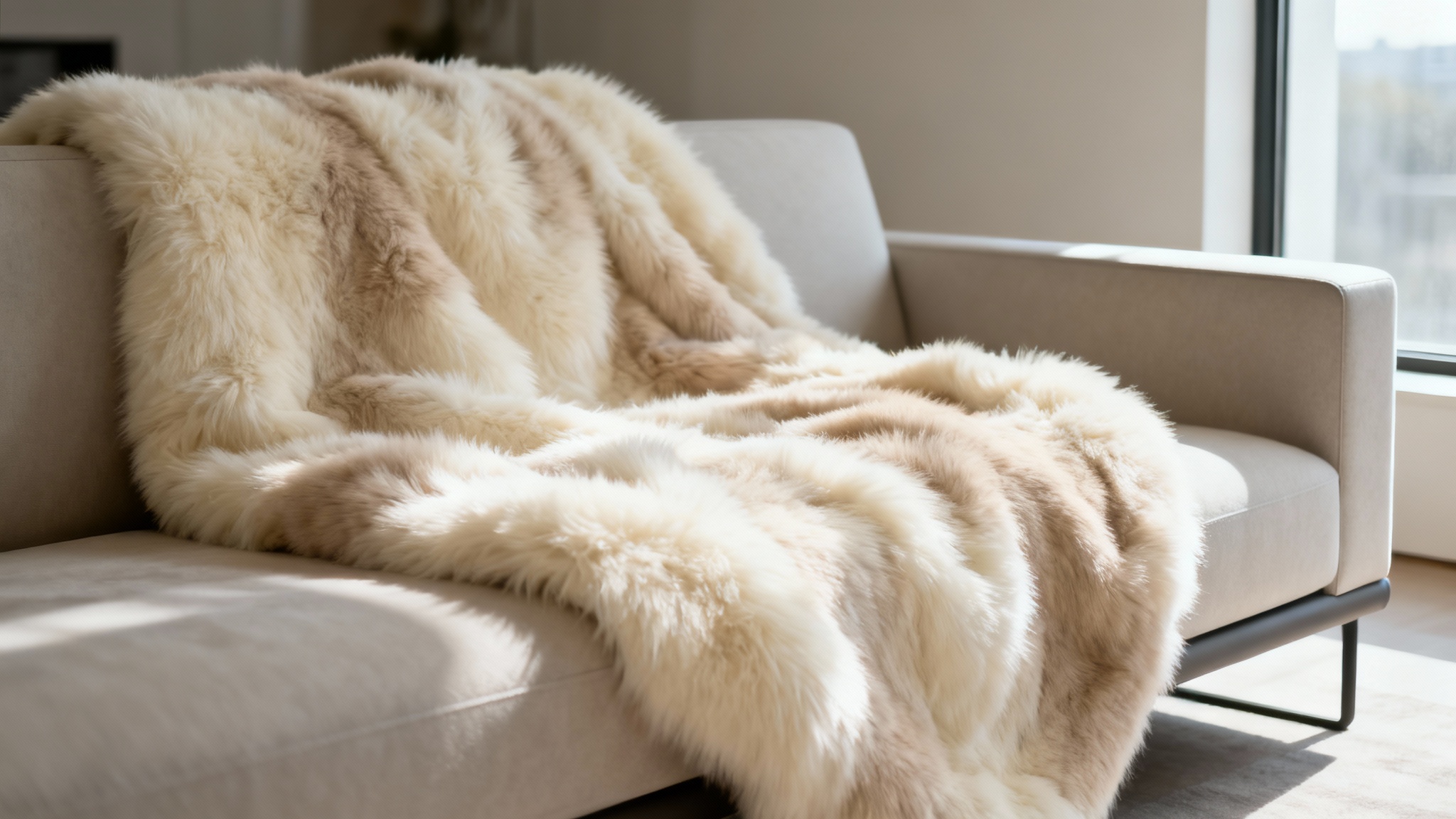 A photorealistic image of a luxurious living room setting where a soft, cream-colored faux fur blanket is elegantly draped over a modern sofa, creating an inviting and cozy atmosphere.