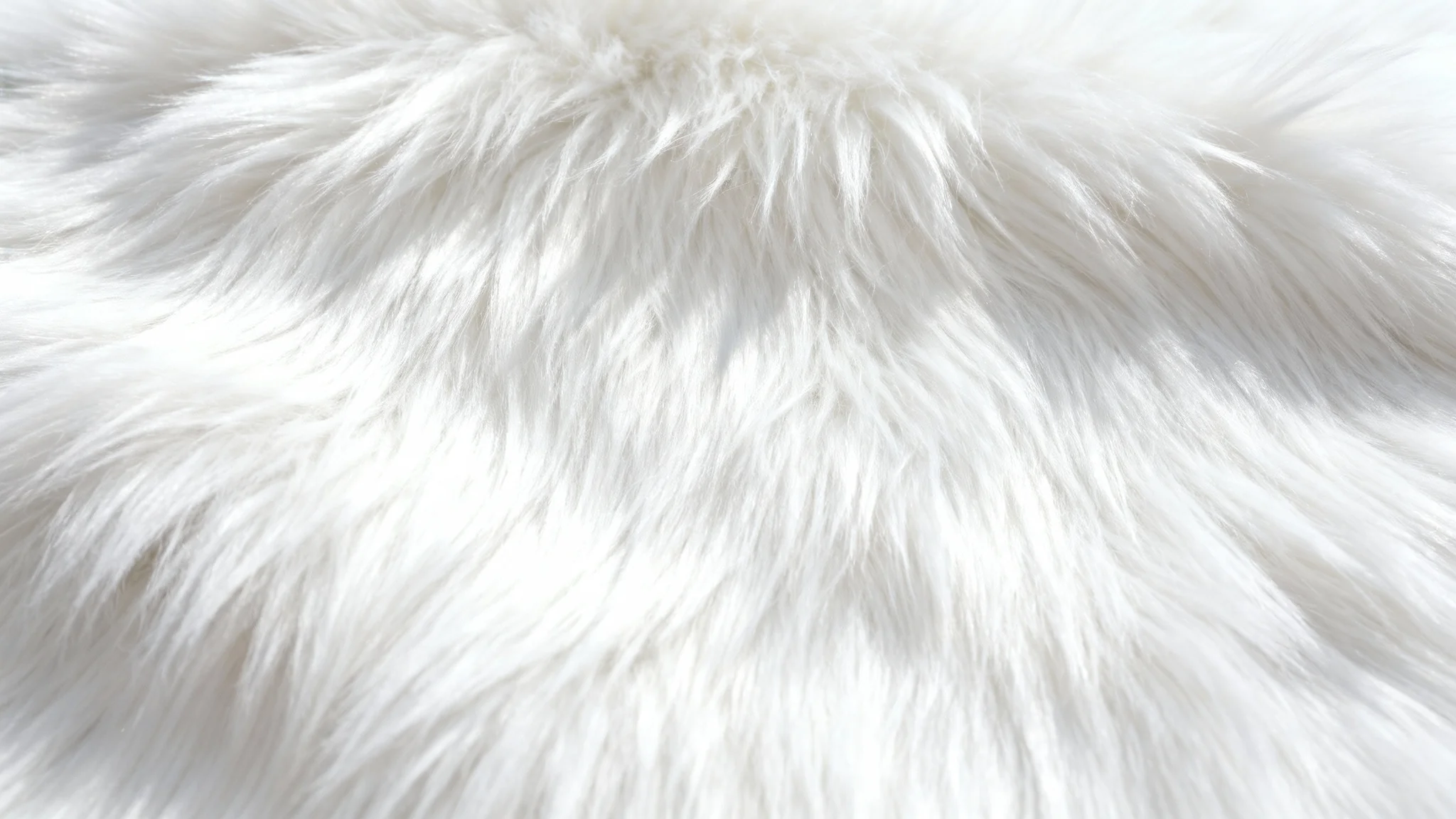 A hyper-realistic, macro photograph showing the detailed texture of a soft, white faux fur against a clean white background.