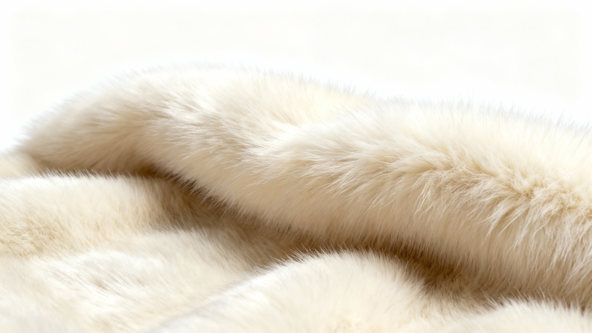 An extreme close-up, high-resolution image of a plush, creamy white faux fur texture, emphasizing its softness and luxurious appearance against a plain white background.