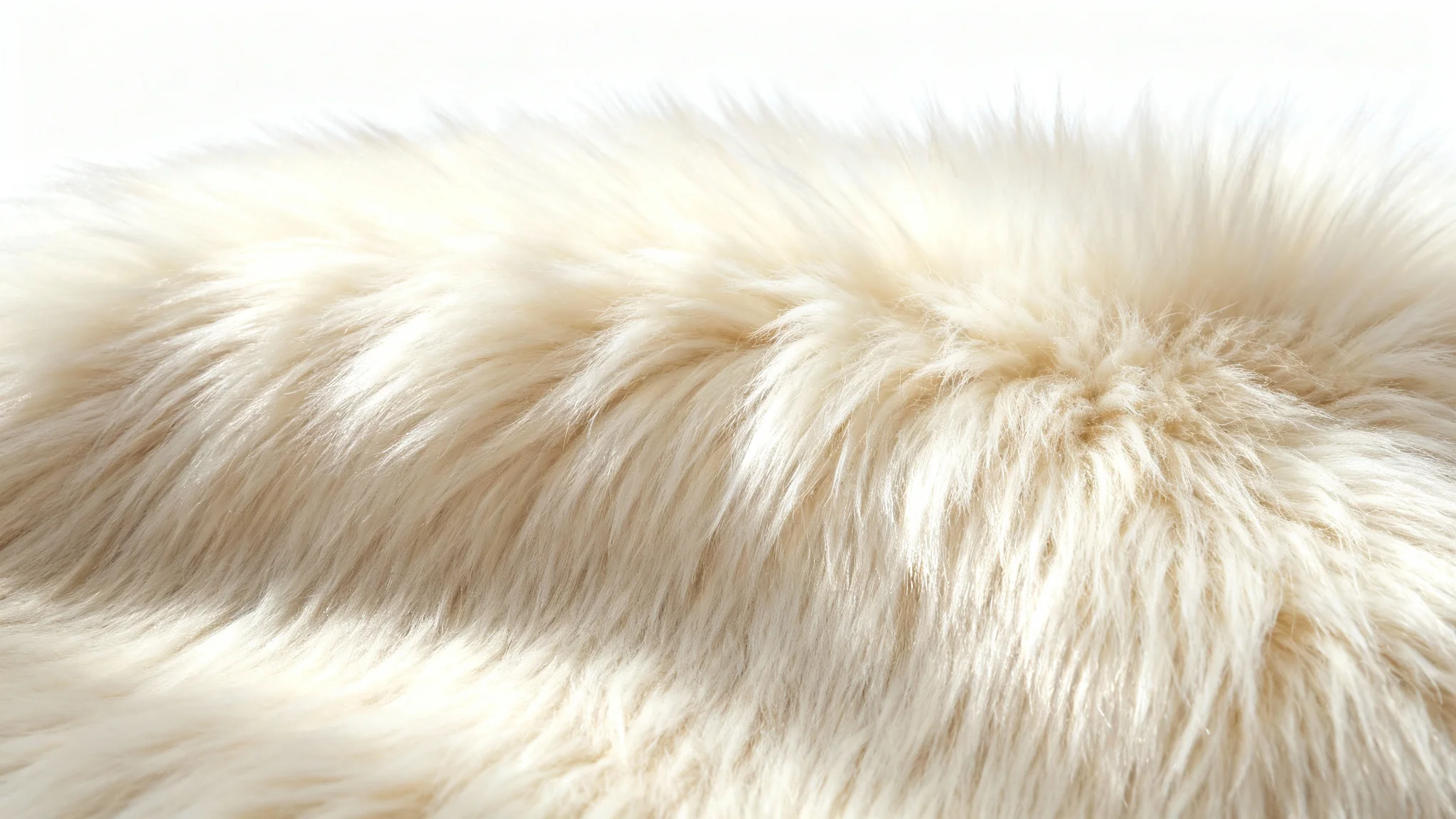 A hyper-realistic macro shot of a plush, long-piled off-white faux fur texture, with soft lighting emphasizing its softness and depth against a solid white background.
