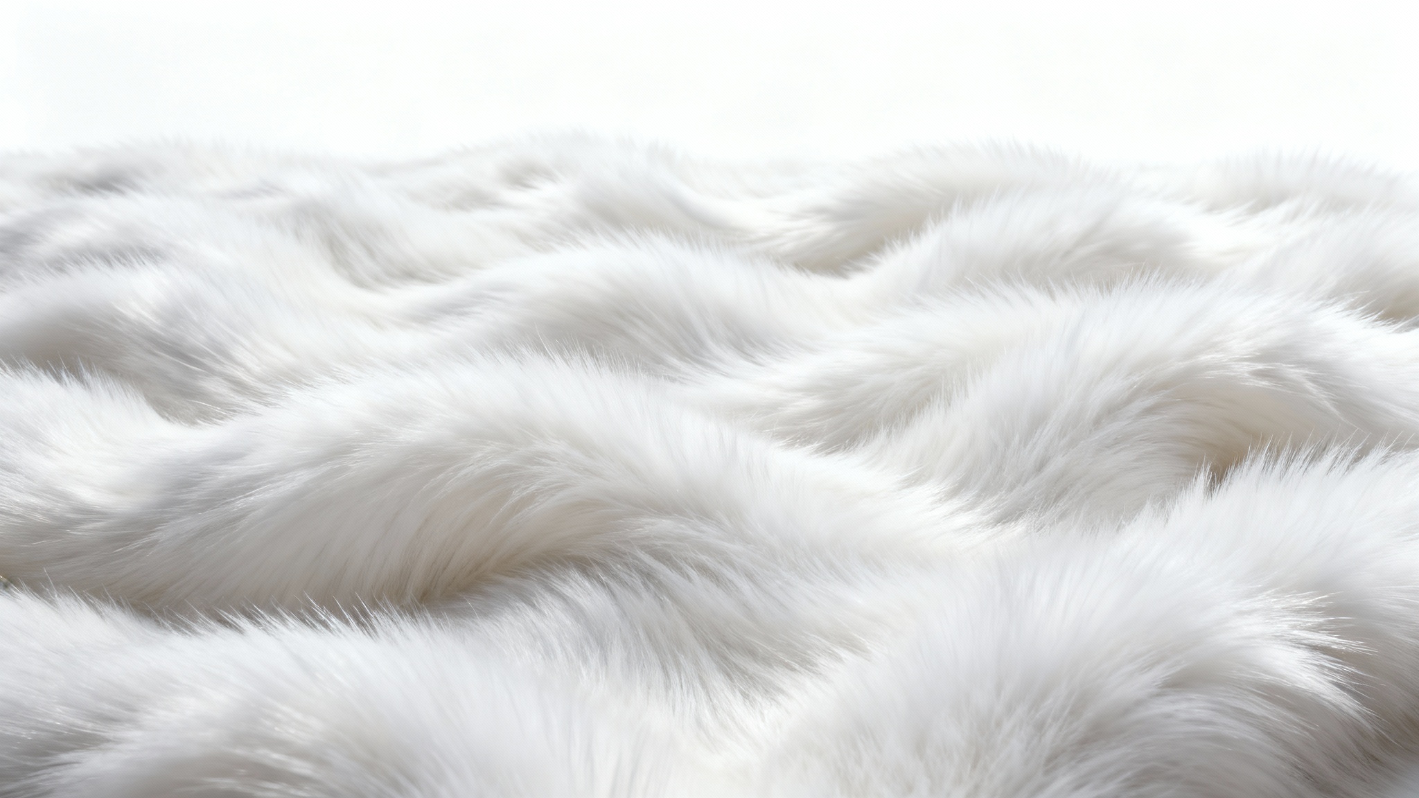 A hyper-realistic, extreme close-up shot of a plush, snow-white faux fur texture, with soft lighting emphasizing its silky fibers against a plain white background.