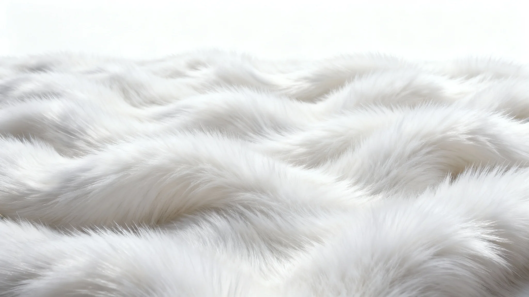 A hyper-realistic, extreme close-up shot of a plush, snow-white faux fur texture, with soft lighting emphasizing its silky fibers against a plain white background.