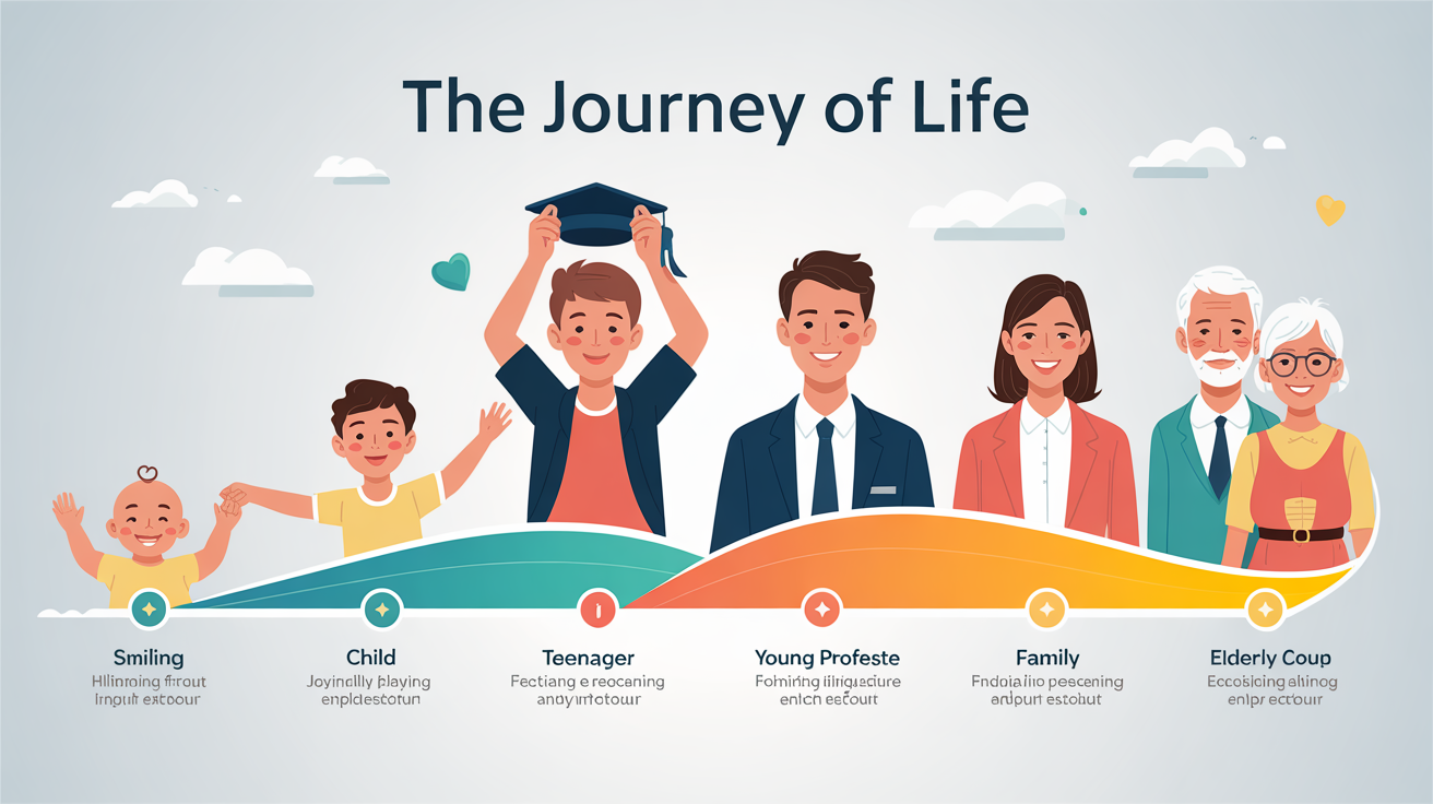 A professionally designed infographic titled 'The Journey of Life' showing the stages of life on a horizontal timeline, from infancy to senior years, with stylized vector illustrations for each stage.