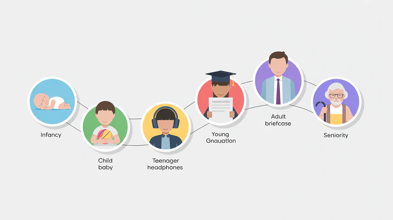 A vector infographic displaying the stages of human life, from infancy to seniority, using a series of colorful circular icons on a clean white background.