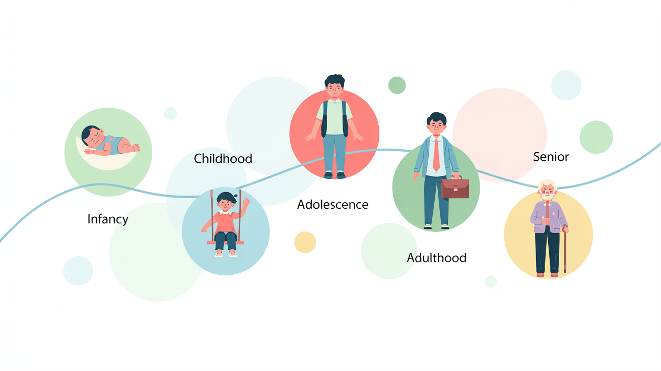 A modern infographic mockup illustrating the stages of human life, with stylized icons for infancy, childhood, adolescence, adulthood, and senior years along a timeline on a white background.