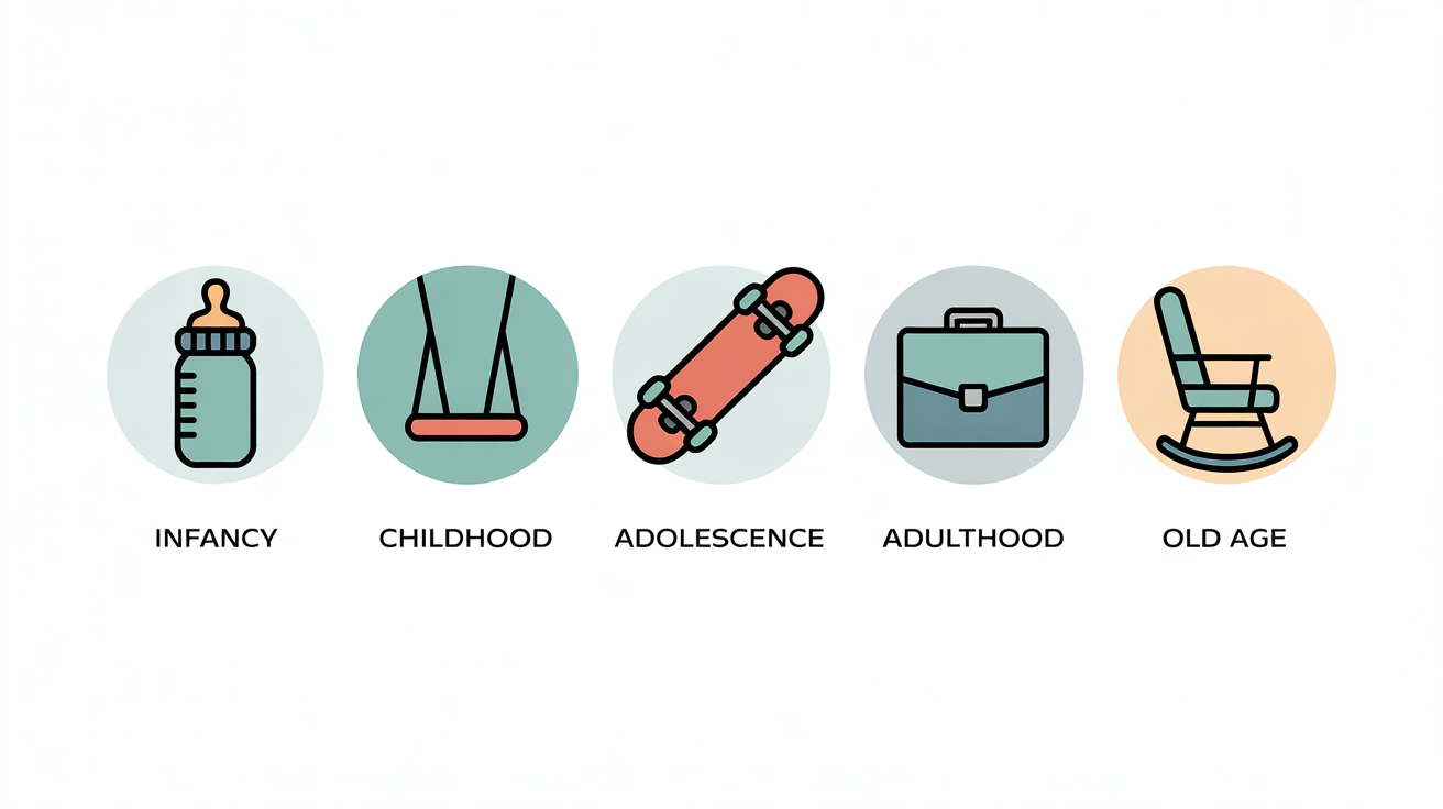 An infographic showing the five stages of human life, infancy, childhood, adolescence, adulthood, and old age, each represented by a modern, minimalist icon on a white background.