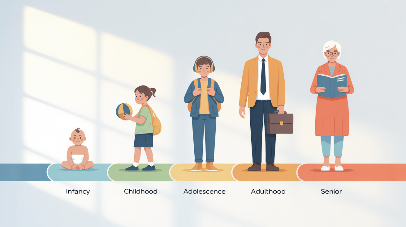 A modern infographic illustrating the five stages of life, from infancy to senior years, with minimalist icons and labels on a white background.