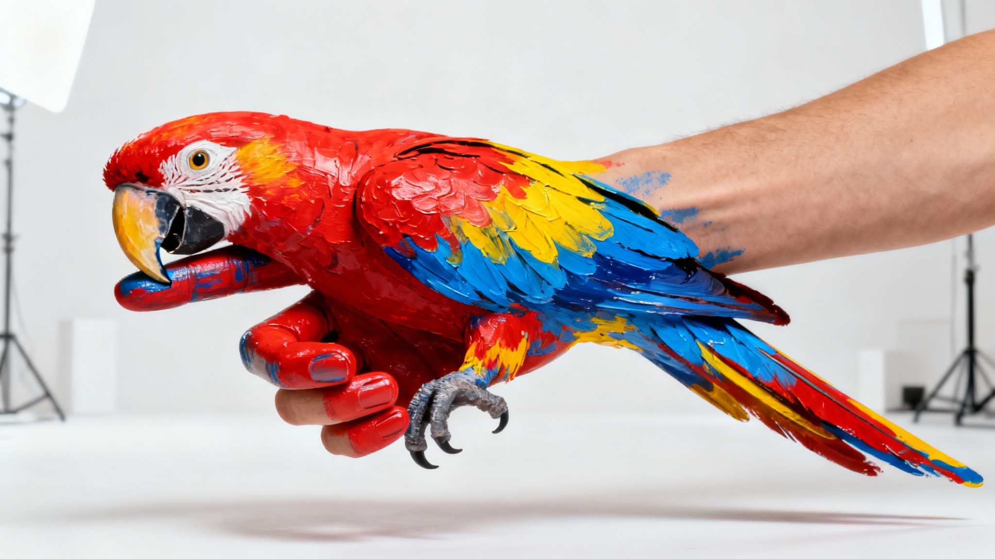An eye-catching photo of a human hand painted with incredible detail to look like a colorful parrot, set against a clean studio background.