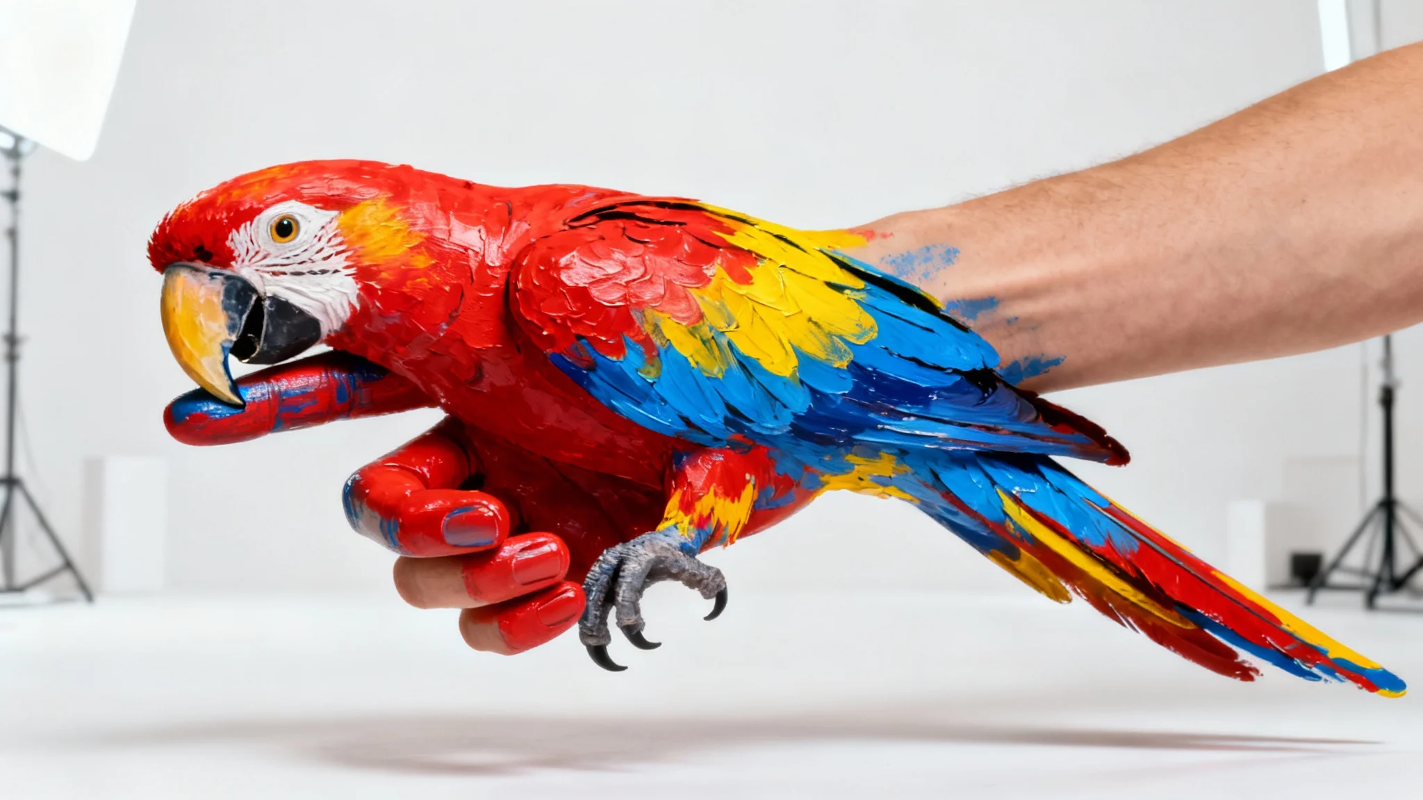 An eye-catching photo of a human hand painted with incredible detail to look like a colorful parrot, set against a clean studio background.