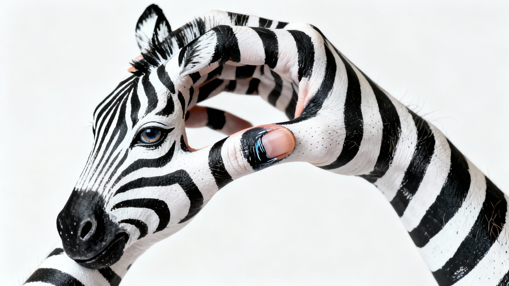 A close-up, photorealistic image of a human hand skillfully painted to resemble the head of a zebra, set against a stark white background.