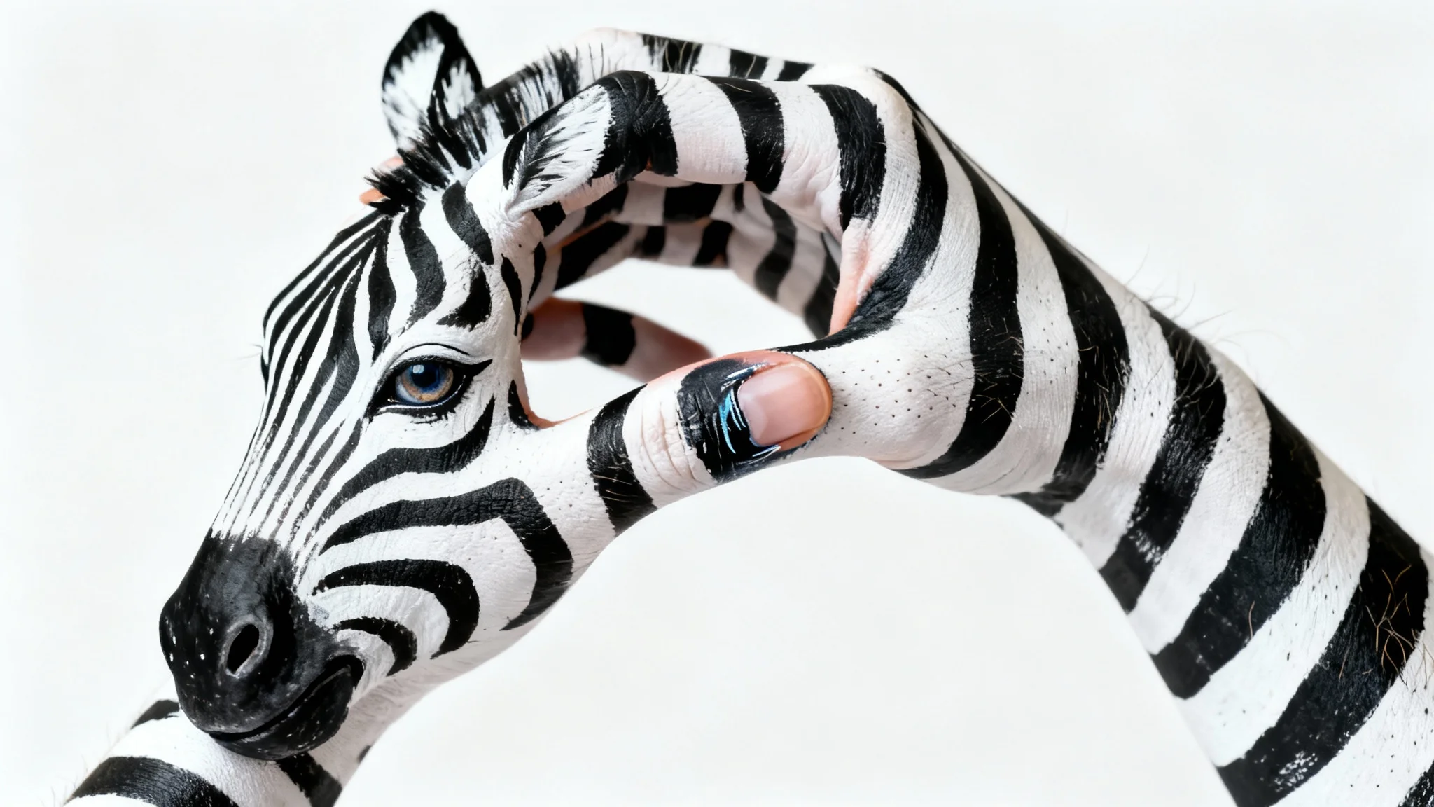 A close-up, photorealistic image of a human hand skillfully painted to resemble the head of a zebra, set against a stark white background.