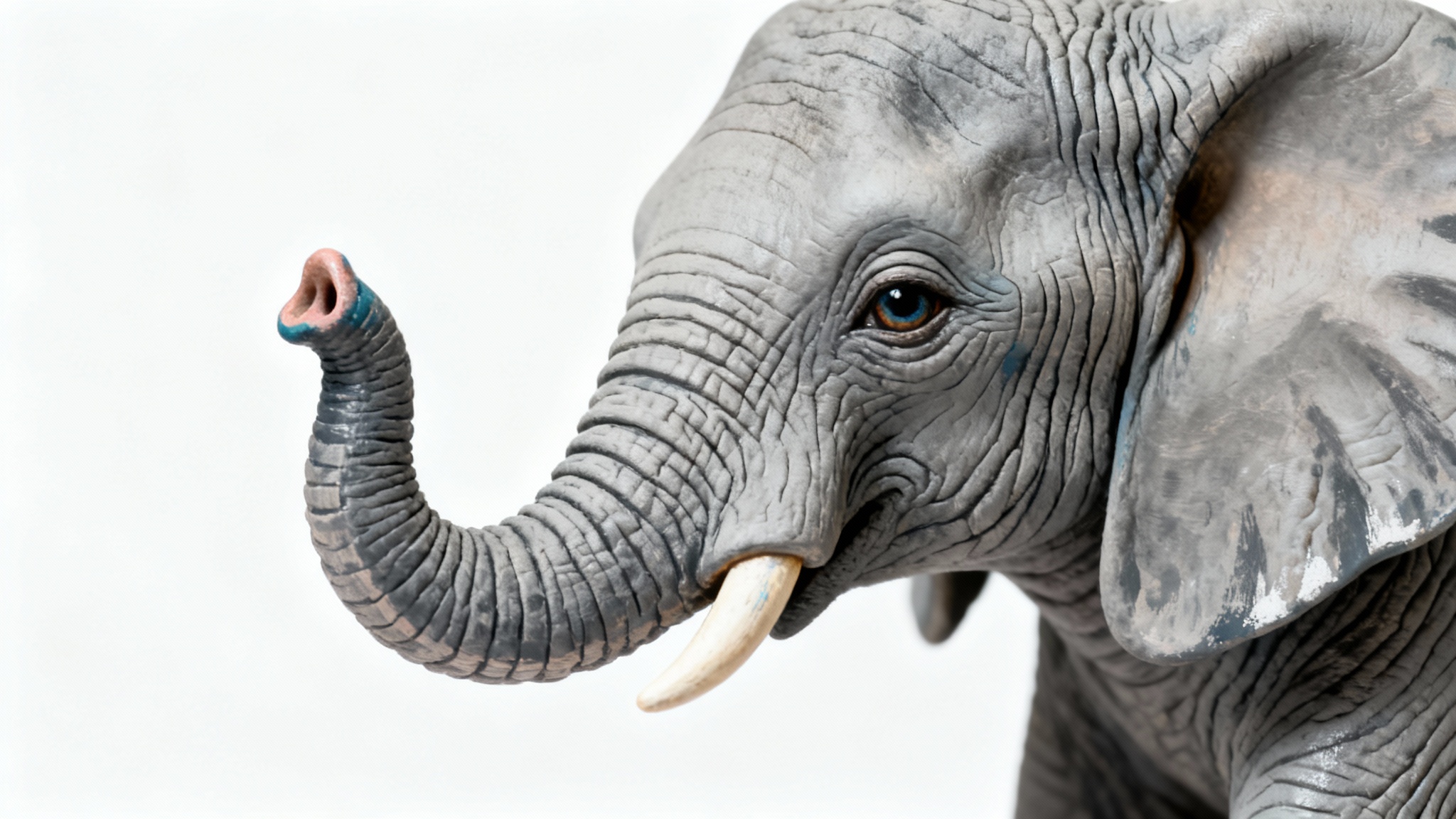 A hyper-realistic photograph of a human hand painted to perfectly resemble an elephant's head, with the middle finger forming the trunk, set against a clean white background.