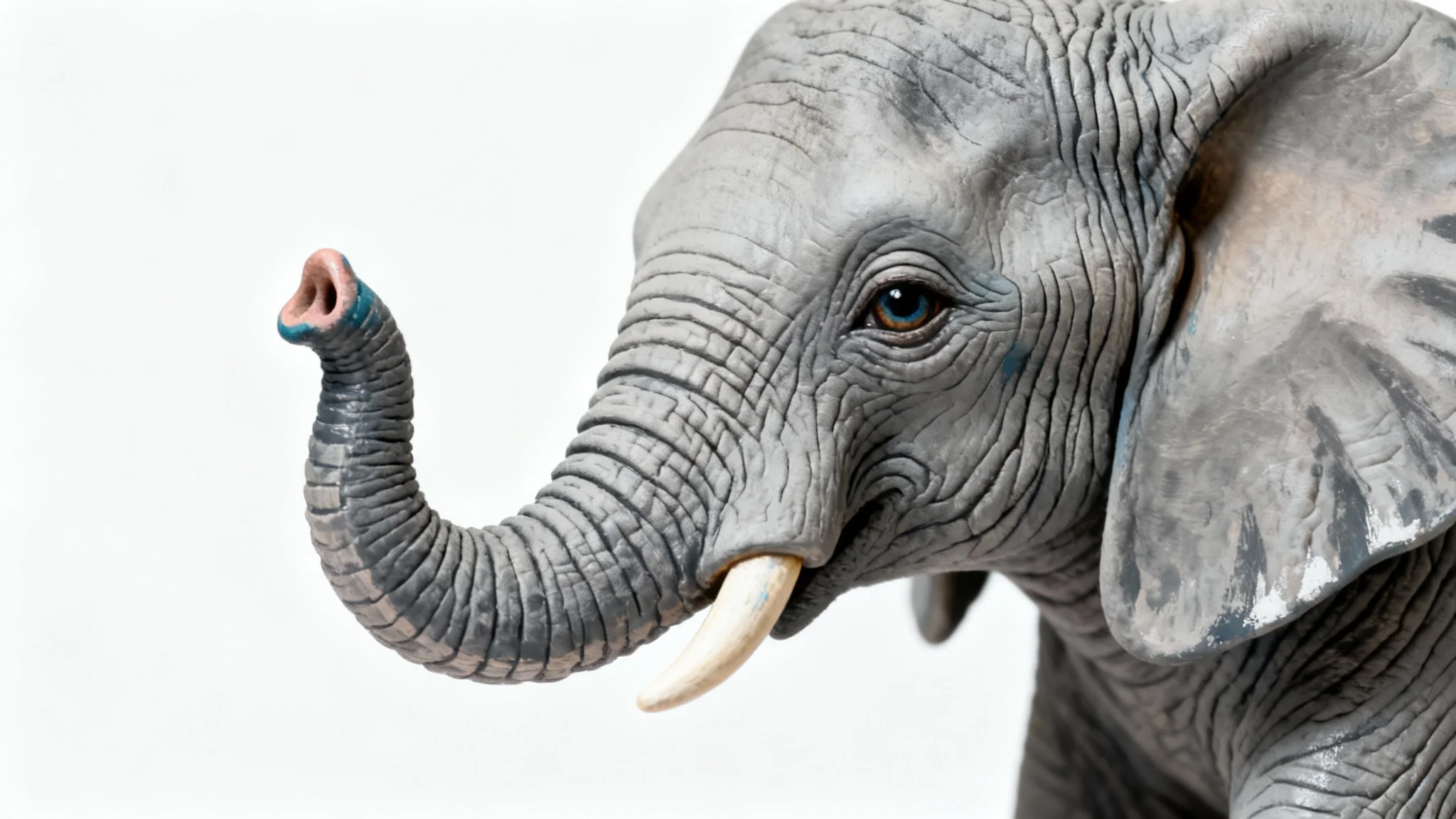 A hyper-realistic photograph of a human hand painted to perfectly resemble an elephant's head, with the middle finger forming the trunk, set against a clean white background.