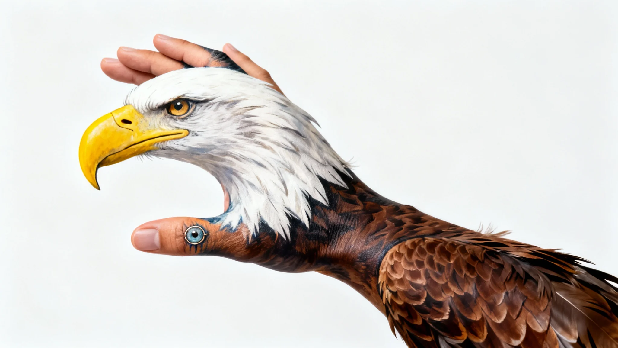 A realistic image of a human hand intricately painted to resemble a bald eagle, with fingers forming the head and beak, set against a plain white background.