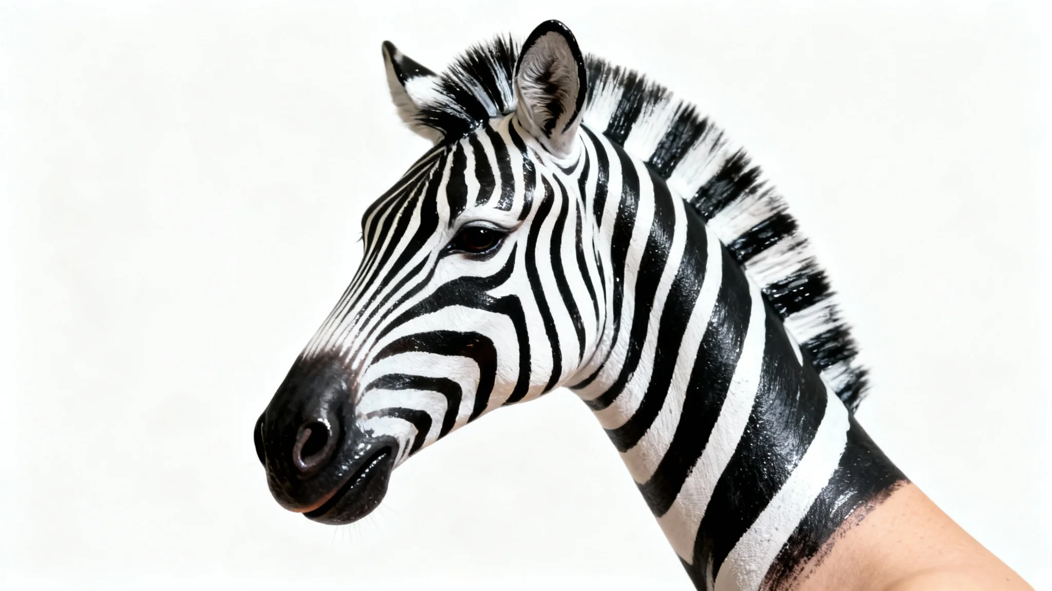 A close-up, hyperrealistic photo of a human hand meticulously painted with black and white stripes to look like a zebra's head, set against a clean white background.