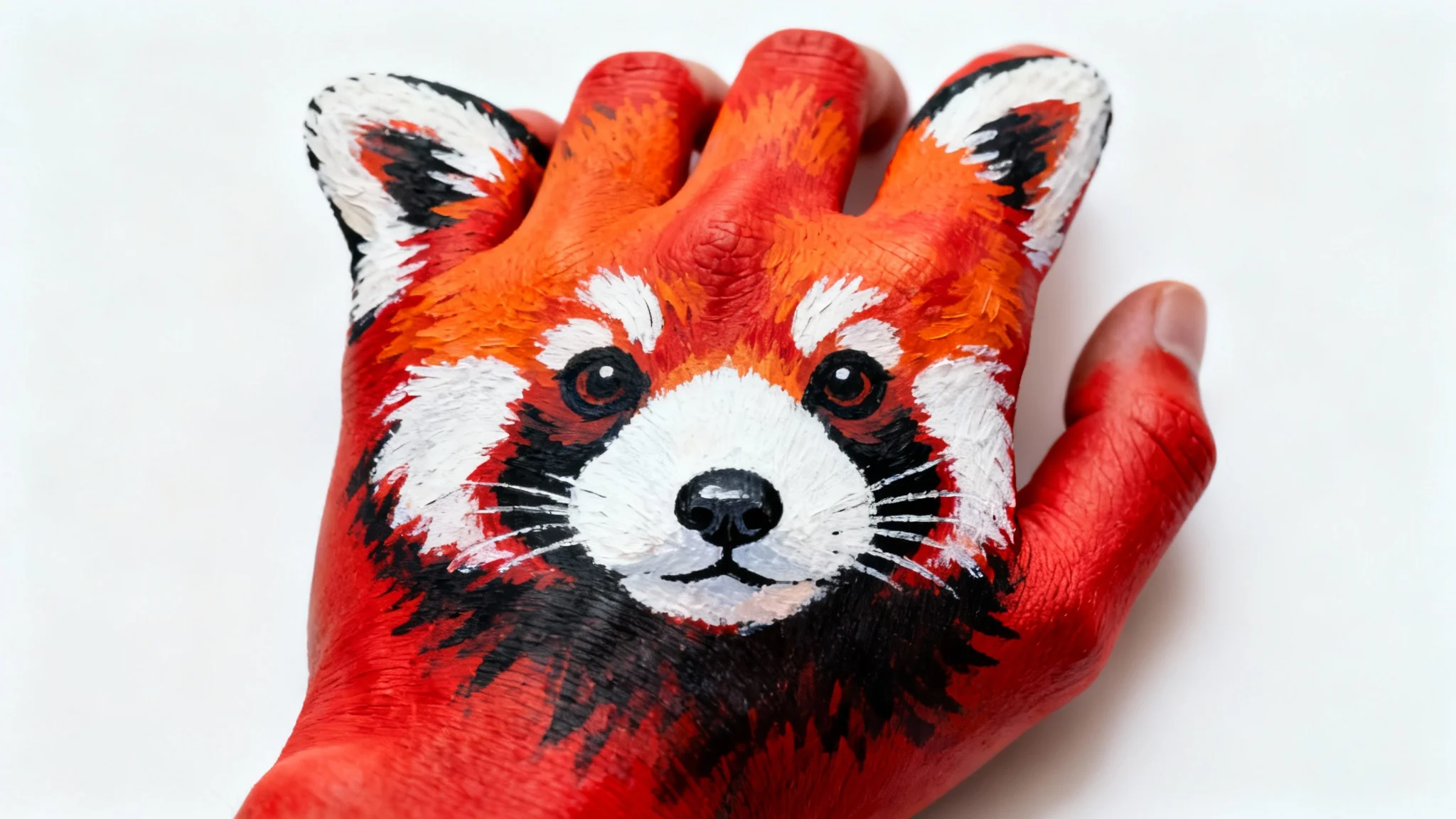 A highly detailed, realistic image of a human hand painted to look exactly like a red panda's head, set against a solid white background.